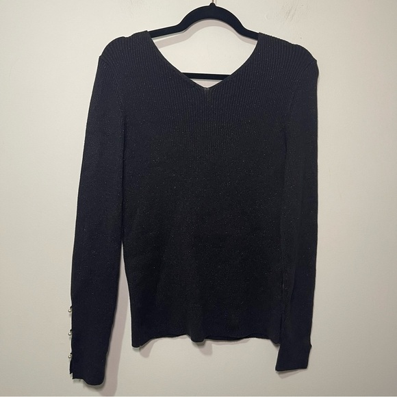 Ann Taylor Black Metallic V-Neck Sweater Pearl Button Cuffs Women’s size M - Picture 7 of 9